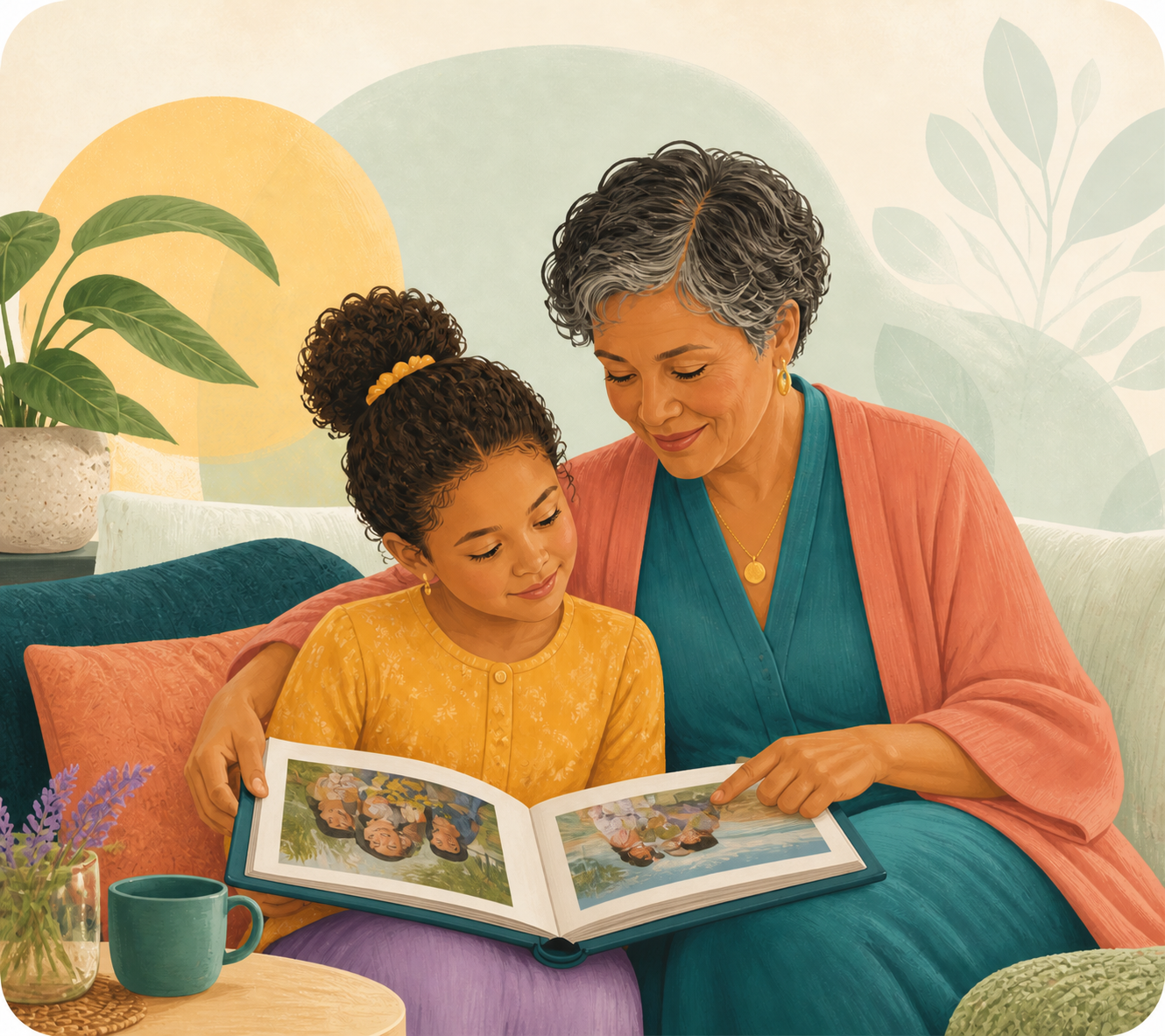 Ilustração de uma mãe e uma filha compartilhando um álbum de família